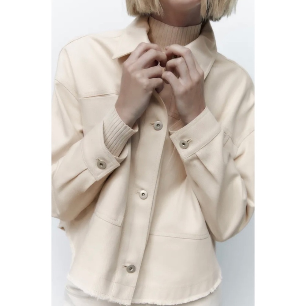 ZARA • Cream Cropped Frayed Hem Denim Jacket, XS - Picture 2 of 16